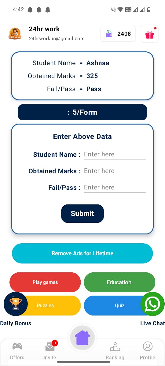 24HrWork app screenshot showing navigation