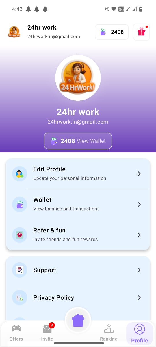 24HrWork app screenshot showing settings